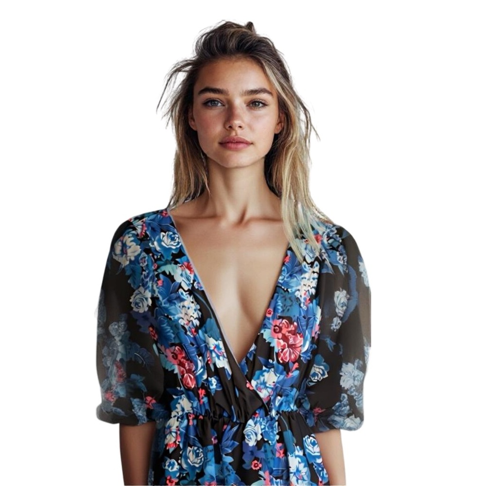 Nasty Gal Navy Blue Pink Floral Puff Sleeve Cinched Waist Top